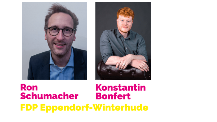 FDP-Bezirksabgeordnete Hamburg-Nord Ron Schumacher und Konstantin Bonfert