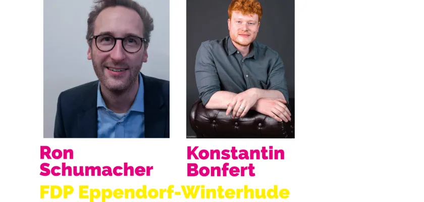 FDP-Bezirksabgeordnete Hamburg-Nord Ron Schumacher und Konstantin Bonfert